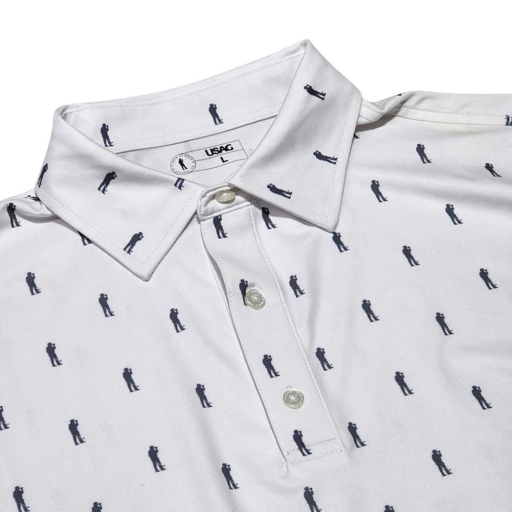 USAG Golf Polo Shirt Golfer Print Athletic Fit Short Sleeve White Large